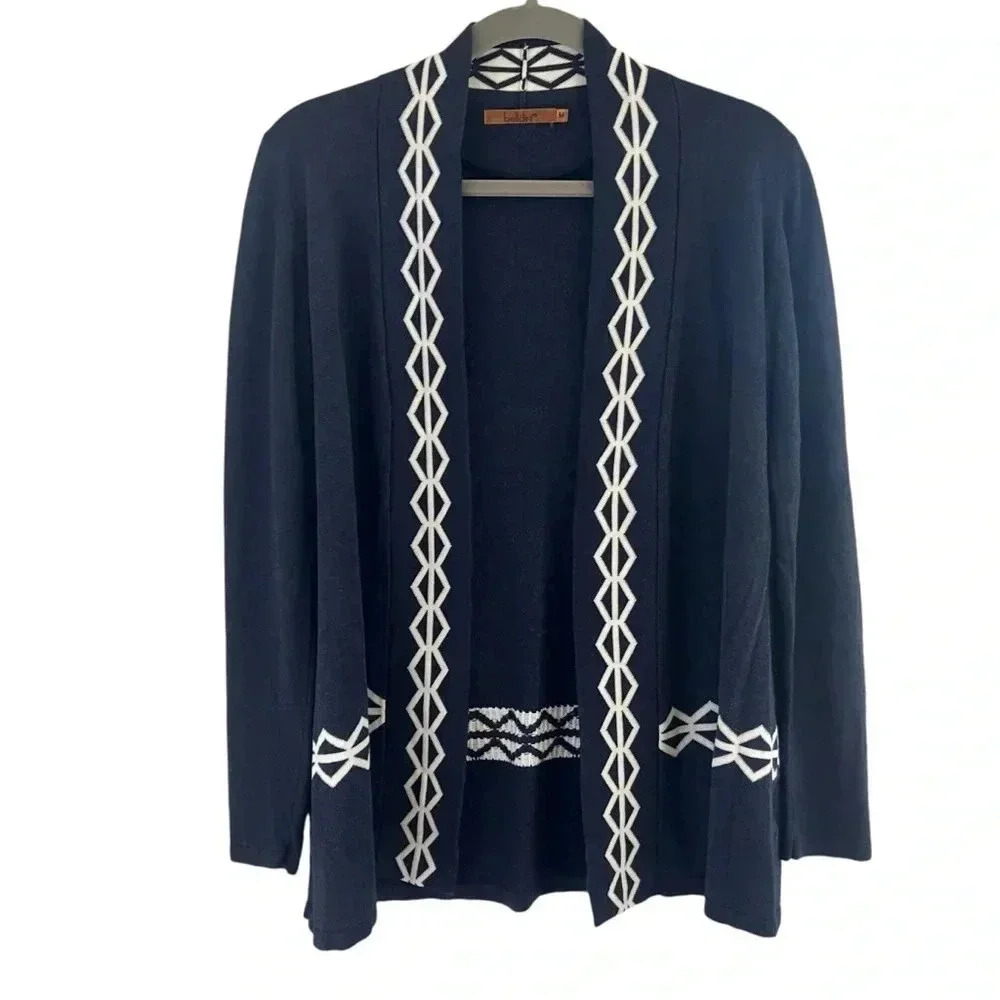 Belldini open front cardigan navy blue white Aztec design women’s medium